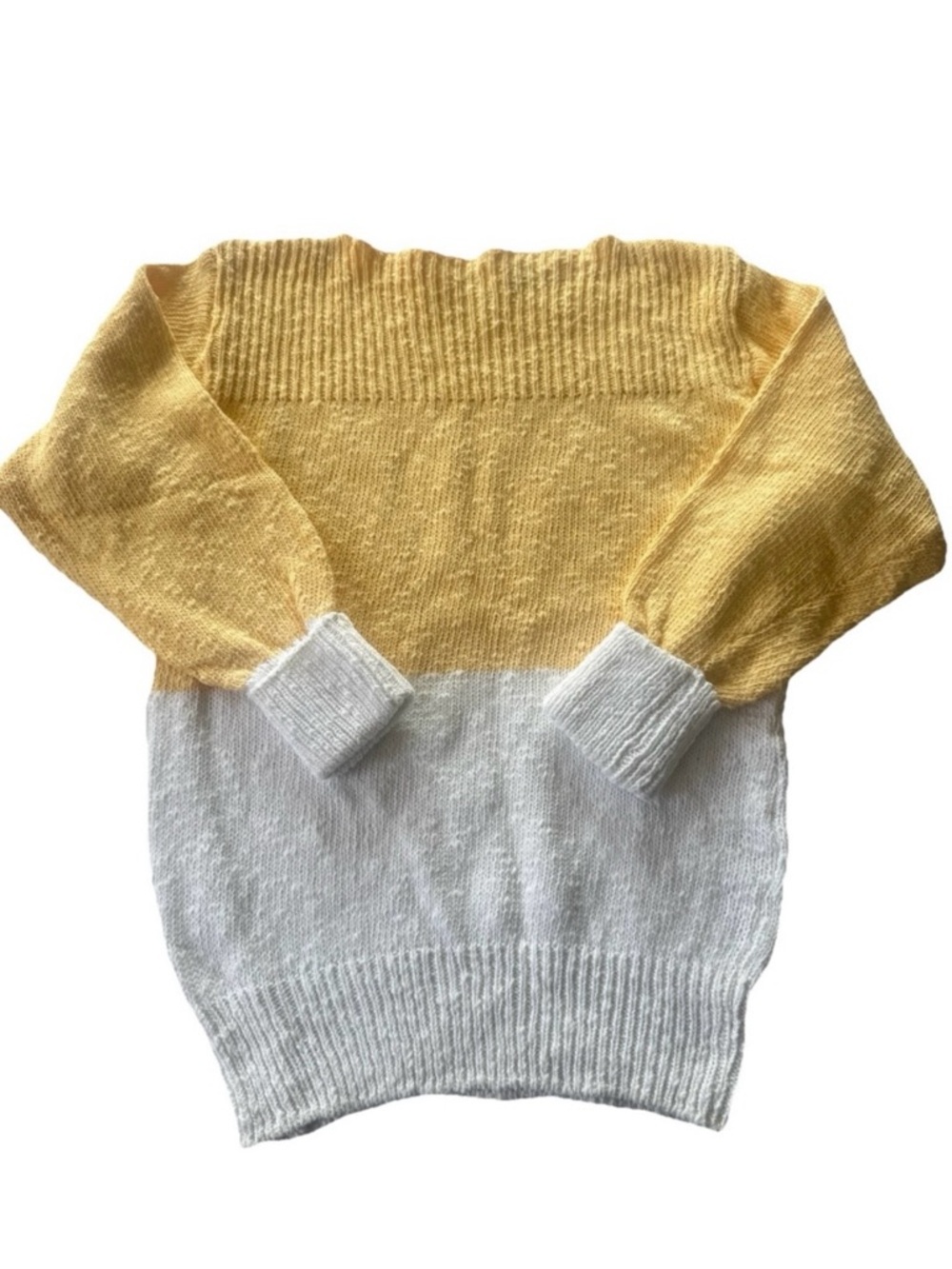 Vintage 80s Colorblock Cotton Sweater M Butter Yellow Boxy Knit Pullover